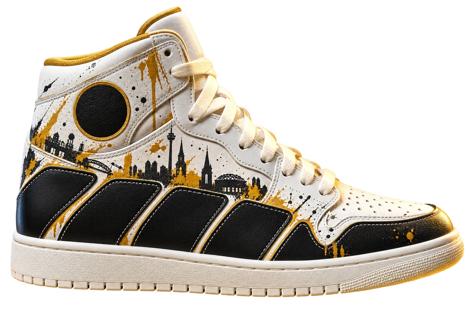 Ein weißer Custom High-Top mit schwarzen Lederpanelen, goldenen Farbspritzern und einer gemalten Stadtsilhouette